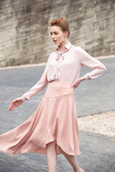 Blush Pink Silk Tie-Neck Blouse
